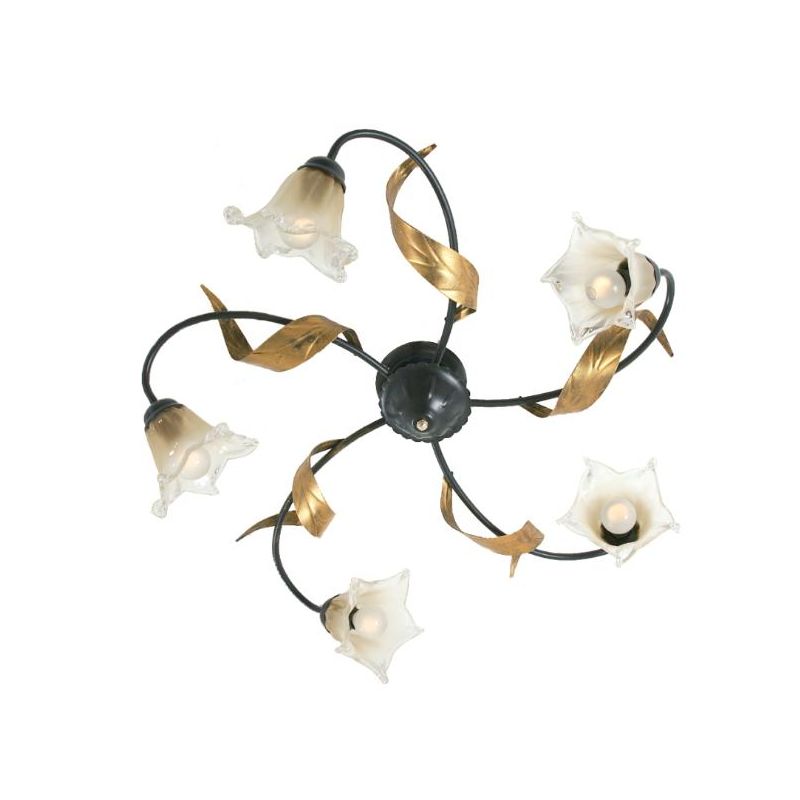 MELISSA PLAFONIERA CLASSICA 5 LUCI IN METALLO ANTRACITE CON FOGLIE ORO E DIFFUSORI IN VETRO Padana Lampadari - Cristalensi Shop 