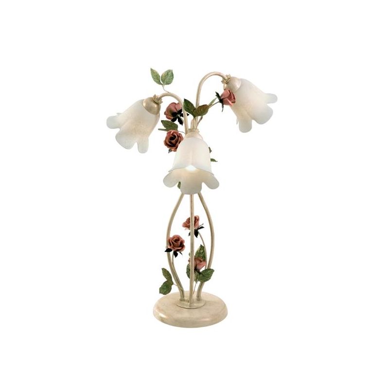 LADY LAMPADA DA TAVOLO CLASSICA 3 LUCI IN METALLO AVORIO CON DIFFUSORI IN VETRO E DECORI FLOREALI Padana Lampadari - Cristalensi