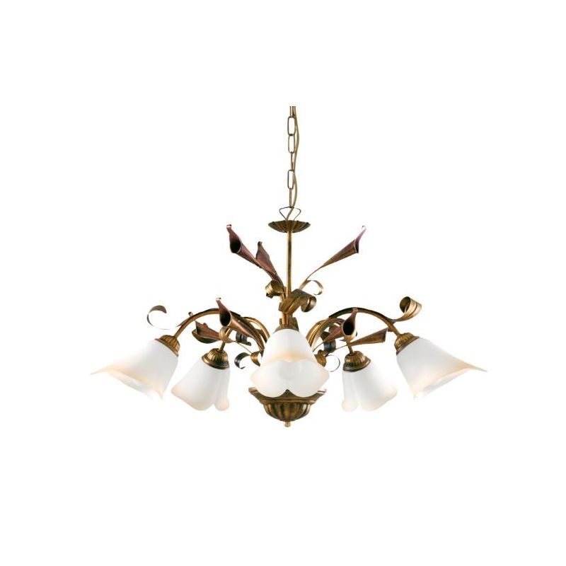 MARZIA LAMPADARIO CLASSICO 5 LUCI IN METALLO AVORIO O RUGGINE CON DIFFUSORI IN VETRO A SCAVO Padana Lampadari - Cristalensi Shop
