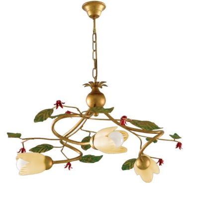 CARLOTTA LAMPADARIO 3 LUCI CLASSICO IN METALLO ORO CON DIFFUSORI IN VETRO AMBRA DECORI FLOREALI Padana Lampadari - Cristalensi S