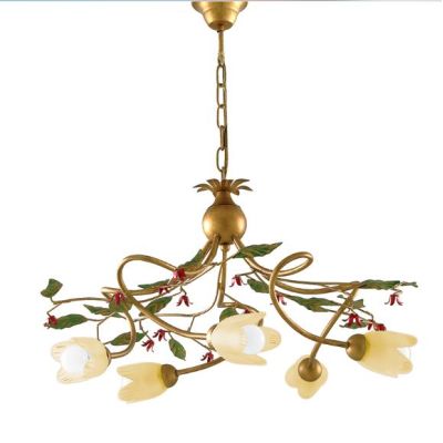 CARLOTTA LAMPADARIO 5 LUCI CLASSICO IN METALLO ORO CON DIFFUSORI IN VETRO AMBRA DECORI FLOREALI Padana Lampadari - Cristalensi S