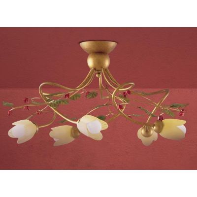 CARLOTTA PLAFONIERA 5 LUCI CLASSICA IN METALLO ORO CON DIFFUSORI IN VETRO AMBRA DECORI FLOREALI Padana Lampadari - Cristalensi S