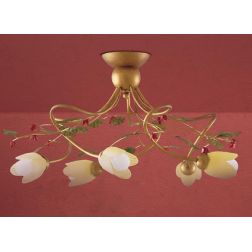 CARLOTTA PLAFONIERA 5 LUCI CLASSICA IN METALLO ORO CON DIFFUSORI IN VETRO AMBRA DECORI FLOREALI Padana Lampadari - Cristalensi S 2