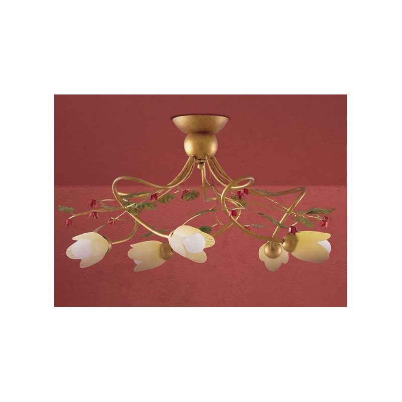 CARLOTTA PLAFONIERA 5 LUCI CLASSICA IN METALLO ORO CON DIFFUSORI IN VETRO AMBRA DECORI FLOREALI Padana Lampadari - Cristalensi S