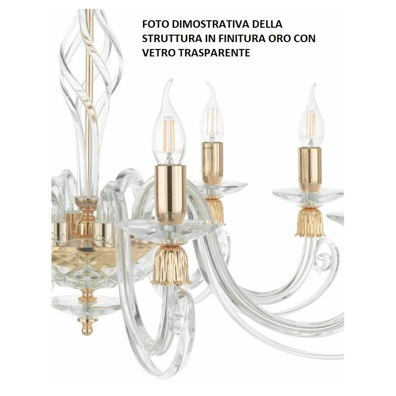 1306 LAMPADARIO CLASSICO A CANDELABRO 12 LUCI VETRO SOFFIATO E CRISTALLO 5 FINITURE ONDALUCE CICIRIELLO - Cristalensi Shop Onlin