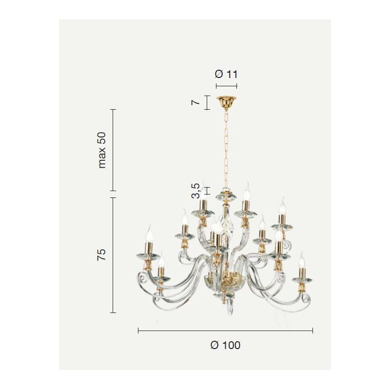 1306 LAMPADARIO CLASSICO 12 LUCI IN VETRO SOFFIATO E CRISTALLO 5 FINITURE COLORE DI ONDALUCE ONDALUCE CICIRIELLO - Cristalensi S