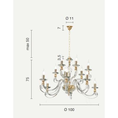 1306 LAMPADARIO CLASSICO 12 LUCI IN VETRO SOFFIATO E CRISTALLO 5 FINITURE COLORE DI ONDALUCE ONDALUCE CICIRIELLO - Cristalensi S