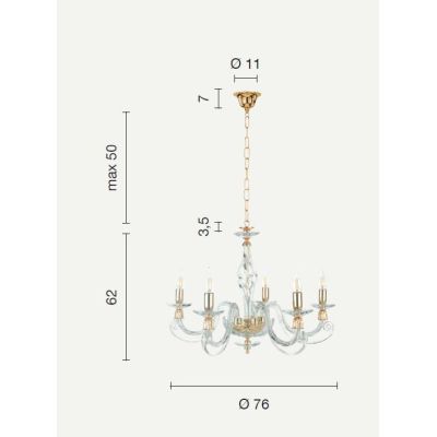 1306 LAMPADARIO CLASSICO A 5 LUCI IN VETRO SOFFIATO E CRISTALLO 5 FINITURE COLORE DI ONDALUCE ONDALUCE CICIRIELLO - Cristalensi