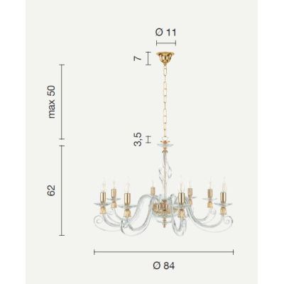 1306 LAMPADARIO CLASSICO A 8 LUCI IN VETRO SOFFIATO E CRISTALLO 5 FINITURE COLORE DI ONDALUCE ONDALUCE CICIRIELLO - Cristalensi