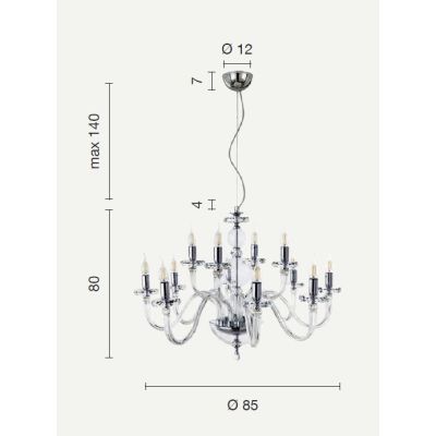 BACH 12 LUCI LAMPADARIO A SOSPENSIONE CLASSICO IN VETRO E CRISTALLO FINITURA ORO O CROMO ONDALUCE CICIRIELLO - Cristalensi Shop