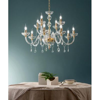BRIGIDA LAMPADARIO A SOSPENSIONE CLASSICO IN VETRO E CRISTALLO A 12 LUCI FINITURA ORO DI CICIRIELLO ONDALUCE CICIRIELLO - Crista