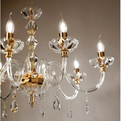 BRIGIDA 6 LUCI LAMPADARIO IN VETRO E CRISTALLO FINITURA ORO ONDALUCE CICIRIELLO - Cristalensi Shop Online