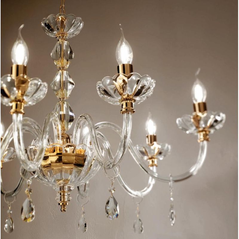 BRIGIDA LAMPADARIO A SOSPENSIONE CLASSICO IN VETRO E CRISTALLO A 8 LUCI FINITURA ORO DI CICIRIELLO ONDALUCE CICIRIELLO - Cristal