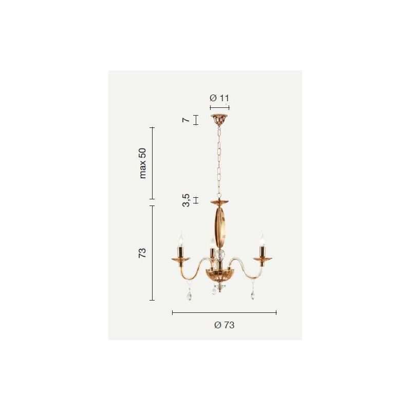 CECILIA 3 LUCI LAMPADARIO A SOSPENSIONE CLASSICO IN VETRO CON CRISTALLI 3 FINITURE ONDALUCE CICIRIELLO - Cristalensi Shop Online