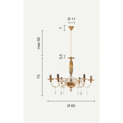 CECILIA 6 LUCI LAMPADARIO A SOSPENSIONE CLASSICO IN VETRO CON CRISTALLI 3 FINITURE ONDALUCE CICIRIELLO - Cristalensi Shop Online