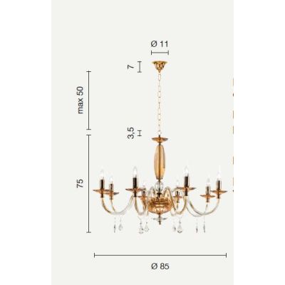 CECILIA 8 LUCI LAMPADARIO A SOSPENSIONE CLASSICO IN VETRO CON CRISTALLI 3 FINITURE ONDALUCE CICIRIELLO - Cristalensi Shop Online