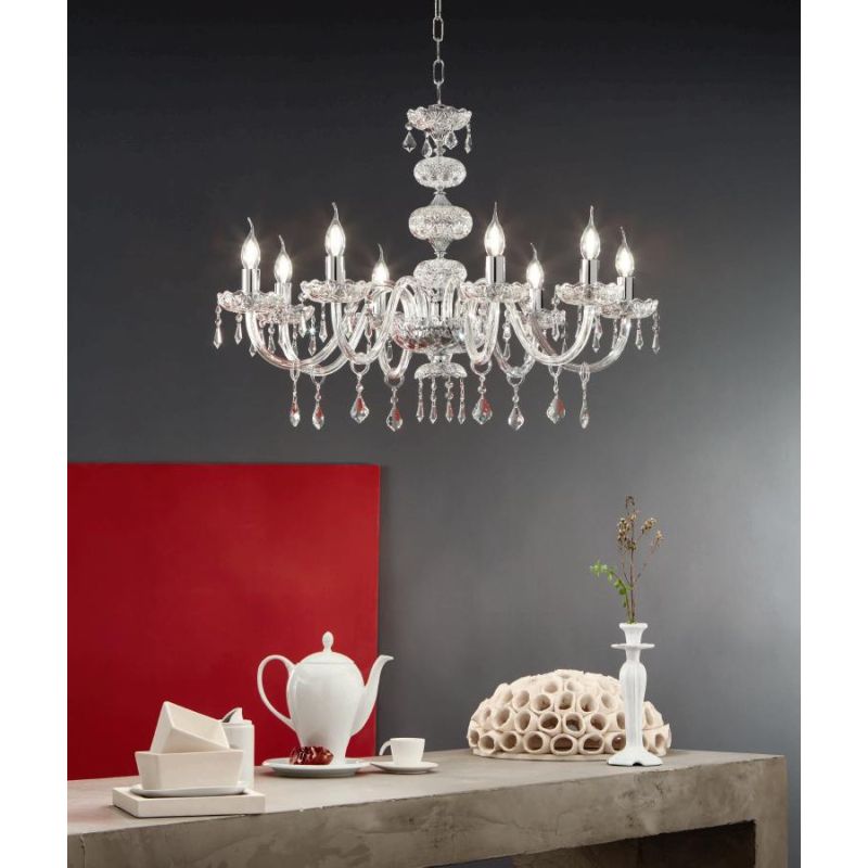 DALLAS 8 LUCI LAMPADARIO ORO O CROMO CON PENDAGLIERIA IN CRISTALLO ONDALUCE CICIRIELLO - Cristalensi Shop Online