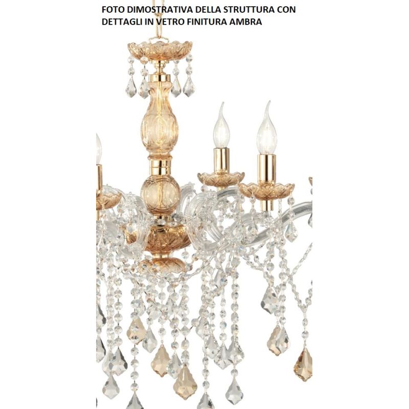DAMASCO LAMPADARIO CLASSICO 12 LUCI BRACCI IN VETRO TRASPARENTE CON DECORI IN CRISTALLO OTTICO ONDALUCE CICIRIELLO - Cristalensi