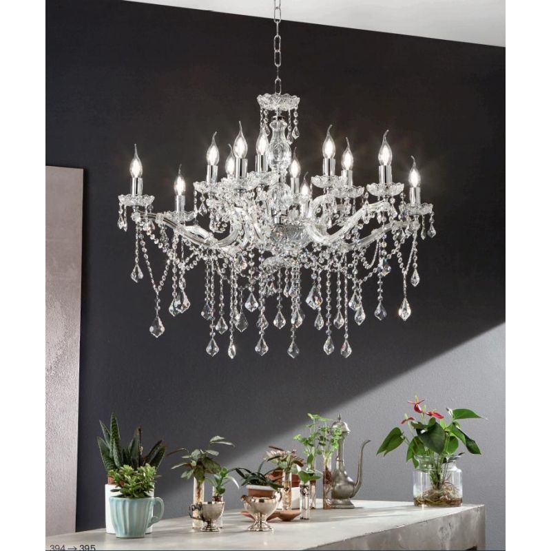 DAMASCO LAMPADARIO CLASSICO 12 LUCI BRACCI IN VETRO TRASPARENTE CON DECORI IN CRISTALLO OTTICO ONDALUCE CICIRIELLO - Cristalensi