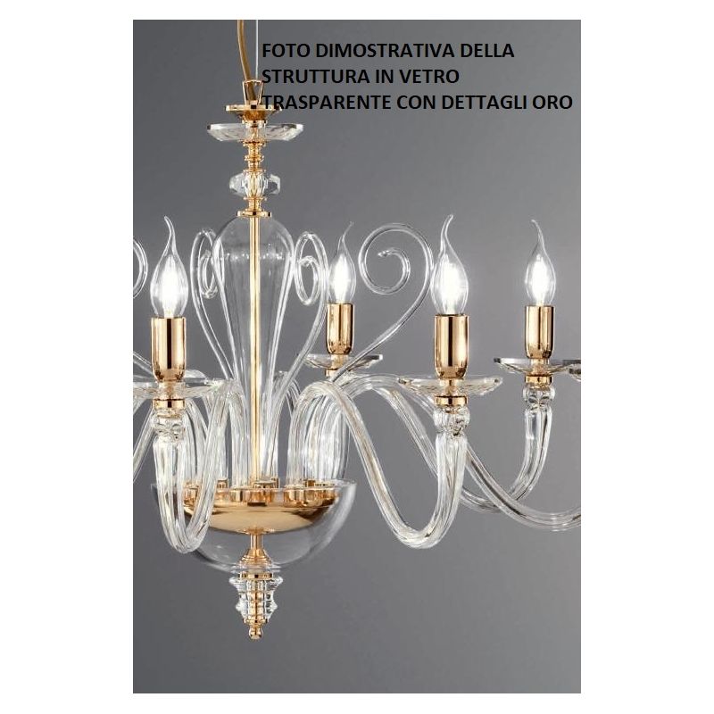 DEBUSSY LAMPADARIO CLASSICO A 6 LUCI IN VETRO SOFFIATO E CRISTALLO IN 5 COLORI ONDALUCE CICIRIELLO - Cristalensi Shop Online