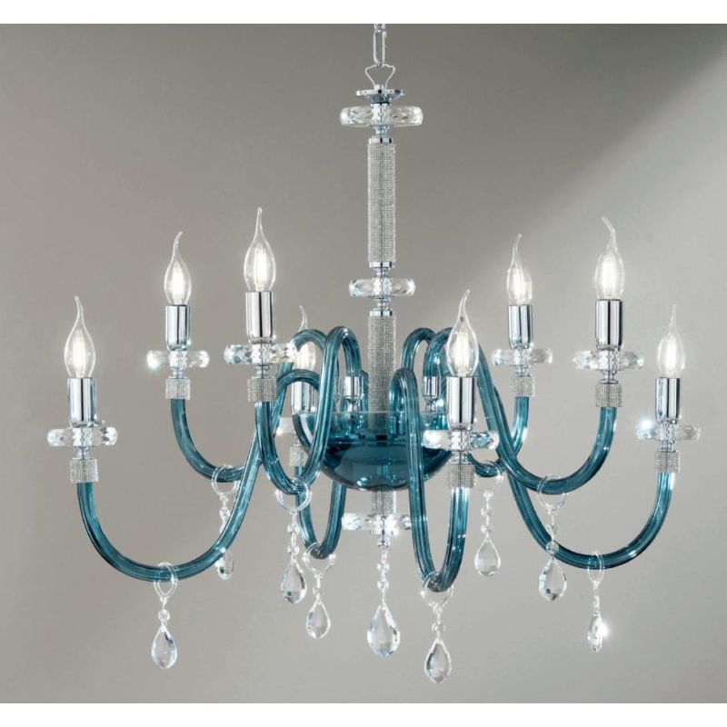 DIDO LAMPADARIO CLASSICO A 8 LUCI IN VETRO E CRISTALLO 5 FINITURE COLORE ONDALUCE CICIRIELLO - Cristalensi Shop Online