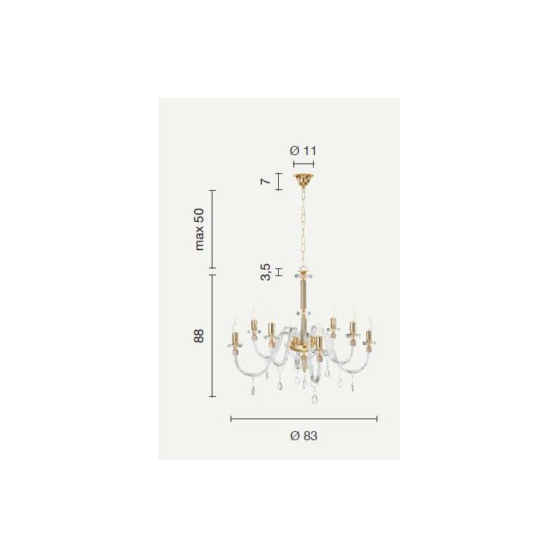 DIDO LAMPADARIO CLASSICO A 8 LUCI IN VETRO E CRISTALLO 5 FINITURE COLORE ONDALUCE CICIRIELLO - Cristalensi Shop Online