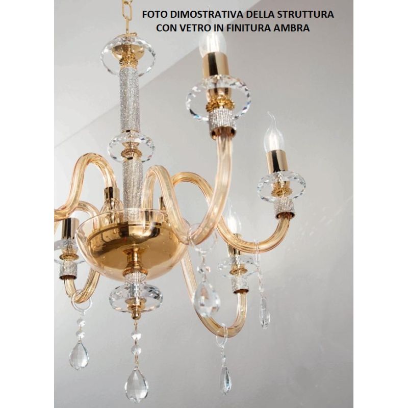 DIDO LAMPADARIO CLASSICO A 8 LUCI IN VETRO E CRISTALLO 5 FINITURE COLORE ONDALUCE CICIRIELLO - Cristalensi Shop Online