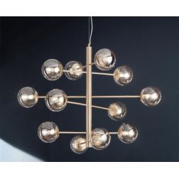 ELISEO SOSPENSIONE 12 LUCI MODERNO METALLO FINITURA ORO O NERA CON SFERE IN VETRO TRASPARENTE ONDALUCE CICIRIELLO - Cristalensi