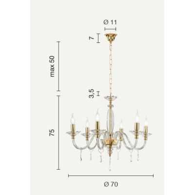 FIAMMA 6 LUCI LAMPADARIO A SOSPENSIONE CLASSICO IN VETRO E CRISTALLO FINITURA ORO DI ONDALUCE ONDALUCE CICIRIELLO - Cristalensi