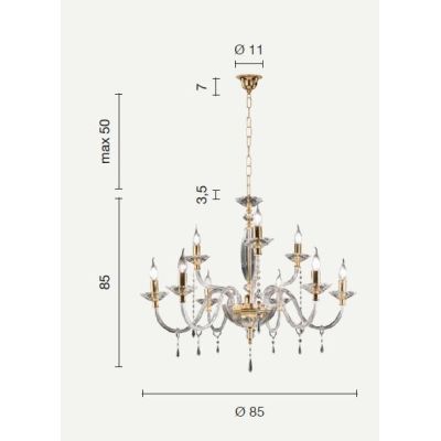 FIAMMA LAMPADARIO A SOSPENSIONE CLASSICO 9 LUCI IN VETRO E CRISTALLO FINITURA ORO DI ONDALUCE ONDALUCE CICIRIELLO - Cristalensi