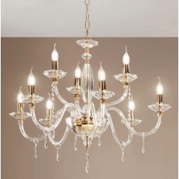 FIAMMA LAMPADARIO A SOSPENSIONE CLASSICO 9 LUCI IN VETRO E CRISTALLO FINITURA ORO DI ONDALUCE ONDALUCE CICIRIELLO - Cristalensi