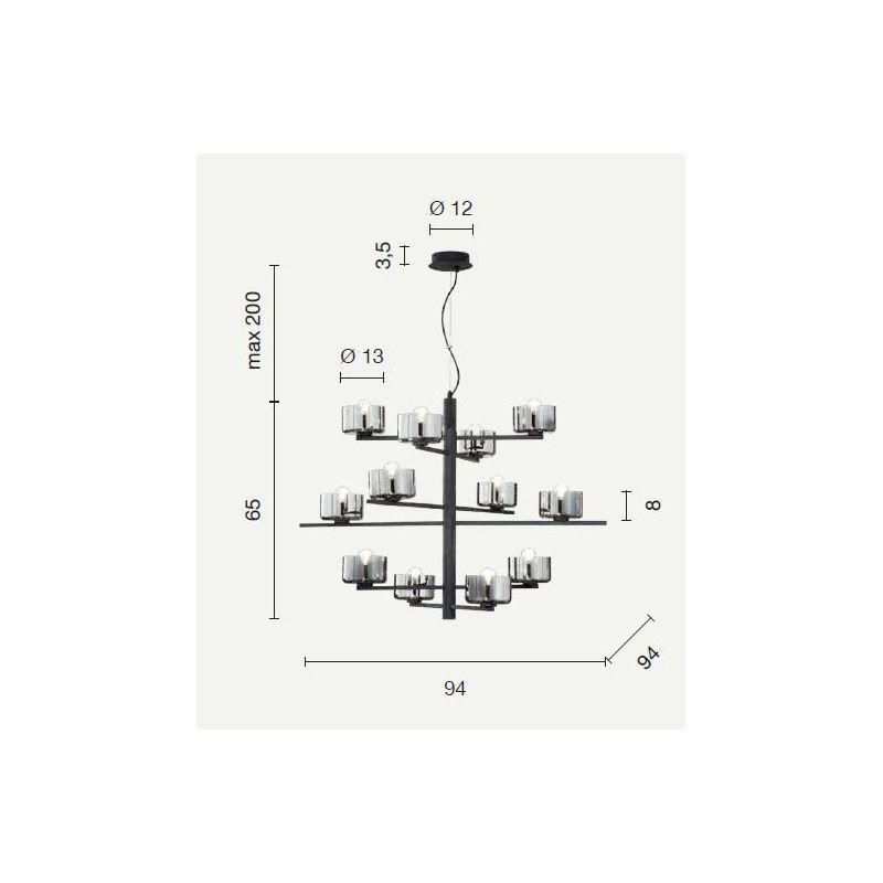 FIGARO SOSPENSIONE 12 LUCI MODERNO METALLO ORO O NERO CON COPPETTE IN VETRO AMBRA O FUME ONDALUCE CICIRIELLO - Cristalensi Shop