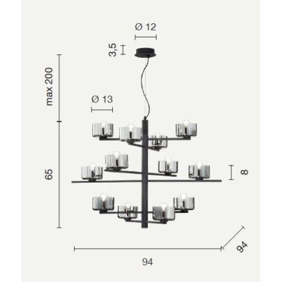 FIGARO SOSPENSIONE 12 LUCI MODERNO METALLO ORO O NERO CON COPPETTE IN VETRO AMBRA O FUME ONDALUCE CICIRIELLO - Cristalensi Shop