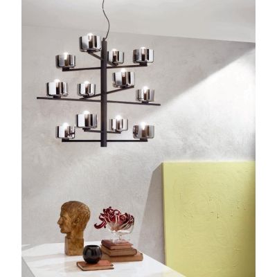 FIGARO SOSPENSIONE 12 LUCI MODERNO METALLO ORO O NERO CON COPPETTE IN VETRO AMBRA O FUME ONDALUCE CICIRIELLO - Cristalensi Shop