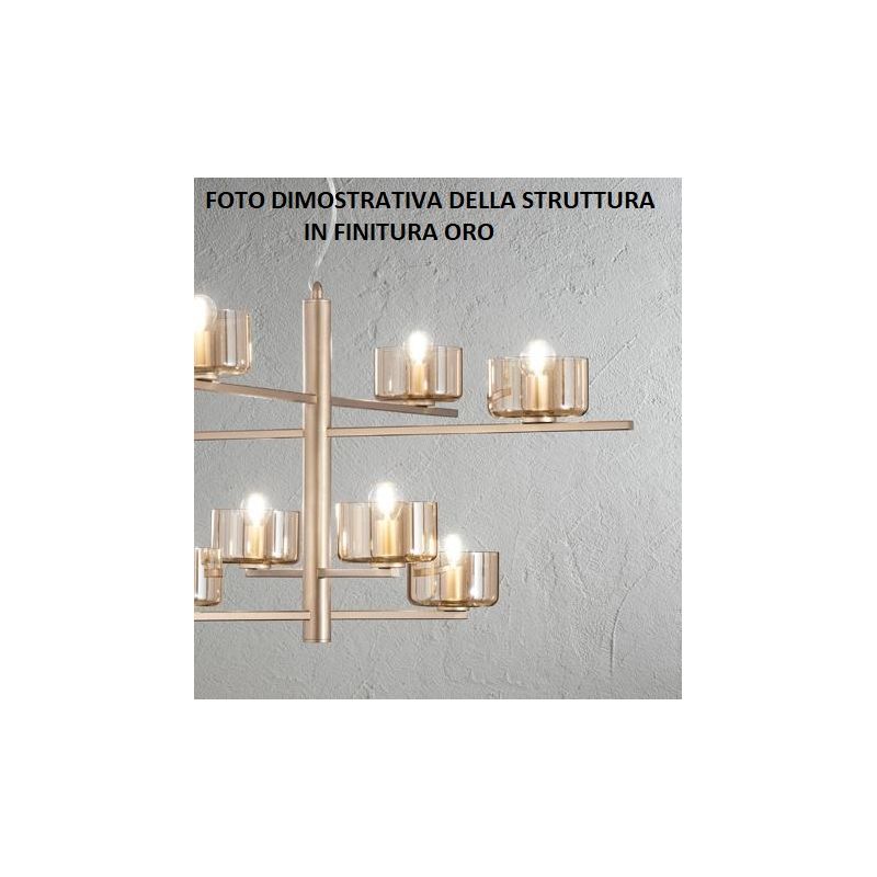 FIGARO SOSPENSIONE 12 LUCI MODERNO METALLO ORO O NERO CON COPPETTE IN VETRO AMBRA O FUME ONDALUCE CICIRIELLO - Cristalensi Shop