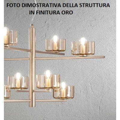 FIGARO SOSPENSIONE 12 LUCI MODERNO METALLO ORO O NERO CON COPPETTE IN VETRO AMBRA O FUME ONDALUCE CICIRIELLO - Cristalensi Shop