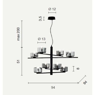 FIGARO SOSPENSIONE 8 LUCI MODERNO METALLO ORO O NERO CON COPPETTE IN VETRO AMBRA O FUME ONDALUCE CICIRIELLO - Cristalensi Shop O