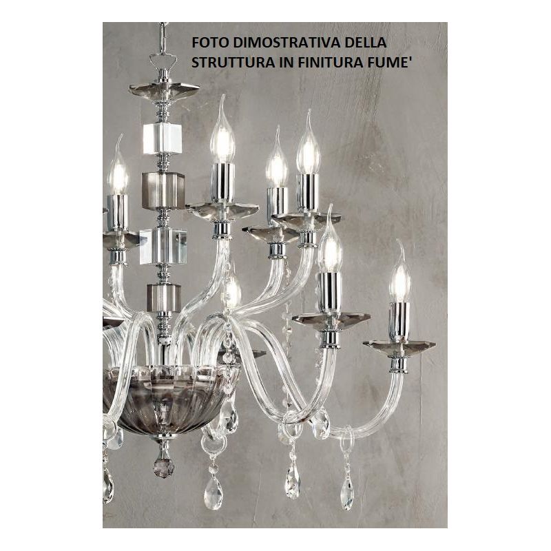 LIVIA LAMPADARIO A SOSPENSIONE CLASSICO IN VETRO E CRISTALLO 8 LUCI BIANCO,FUME,OTTANIO O TORTORA ONDALUCE CICIRIELLO - Cristale