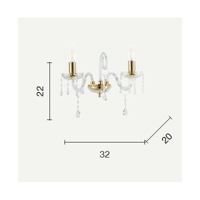 MARIA TEERSA T4 LAMPADARIO DA PARETE A 2 LUCI IN VETRO TRASPARENTE E CRISTALLO CON FINITURE ORO ONDALUCE CICIRIELLO - Cristalens