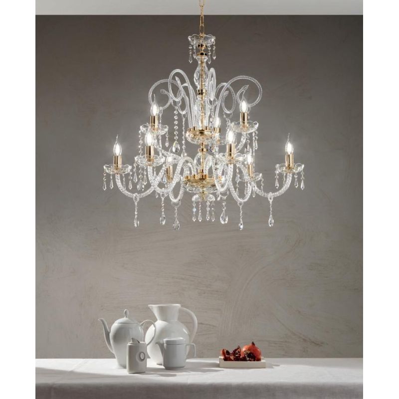 MARIA TERESA 9 LUCI LAMPADARIO IN VETRO CON PENDAGLIERIA IN CRISTALLO ONDALUCE CICIRIELLO - Cristalensi Shop Online