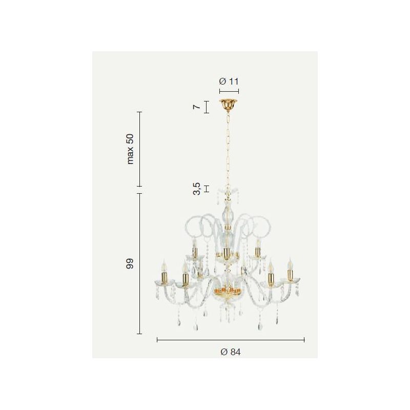 MARIA TERESA 9 LUCI LAMPADARIO IN VETRO CON PENDAGLIERIA IN CRISTALLO ONDALUCE CICIRIELLO - Cristalensi Shop Online