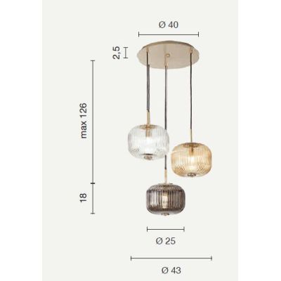 ODETTE SOSPENSIONE VINTAGE ROTONDA CON 3 LUCI IN VETRO SOFFIATO RIGATO FUME, AMBRA E TRASPARENTE ONDALUCE CICIRIELLO - Cristalen