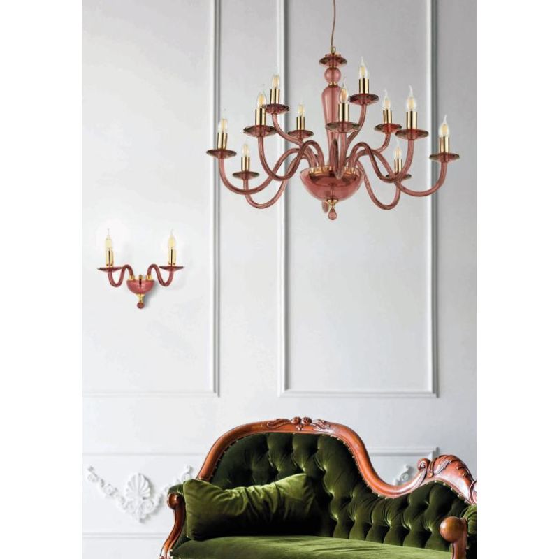 PAGANINI LAMPADARIO A SOSPENSIONE CLASSICO 12 LUCI IN VETRO LAVORATO A MANO 7 COLORI DISPONIBILI ONDALUCE CICIRIELLO - Cristalen