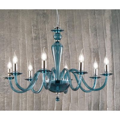 PAGANINI LAMPADARIO A SOSPENSIONE CLASSICO 8 LUCI IN VETRO LAVORATO A MANO 7 COLORI DISPONIBILI ONDALUCE CICIRIELLO - Cristalens