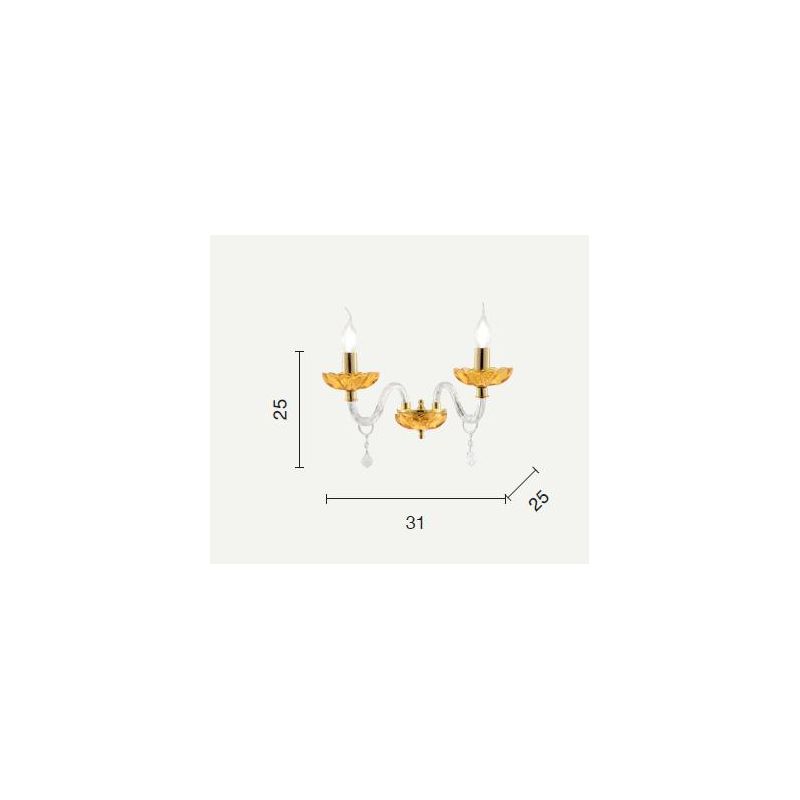 PATRICIA LAMPADA A PARETE CLASSICA CON 2 LUCI IN VETRO E CRISTALLO AMBRA CON FINITURA ORO ONDALUCE CICIRIELLO - Cristalensi Shop