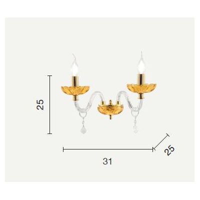PATRICIA LAMPADA A PARETE CLASSICA CON 2 LUCI IN VETRO E CRISTALLO AMBRA CON FINITURA ORO ONDALUCE CICIRIELLO - Cristalensi Shop