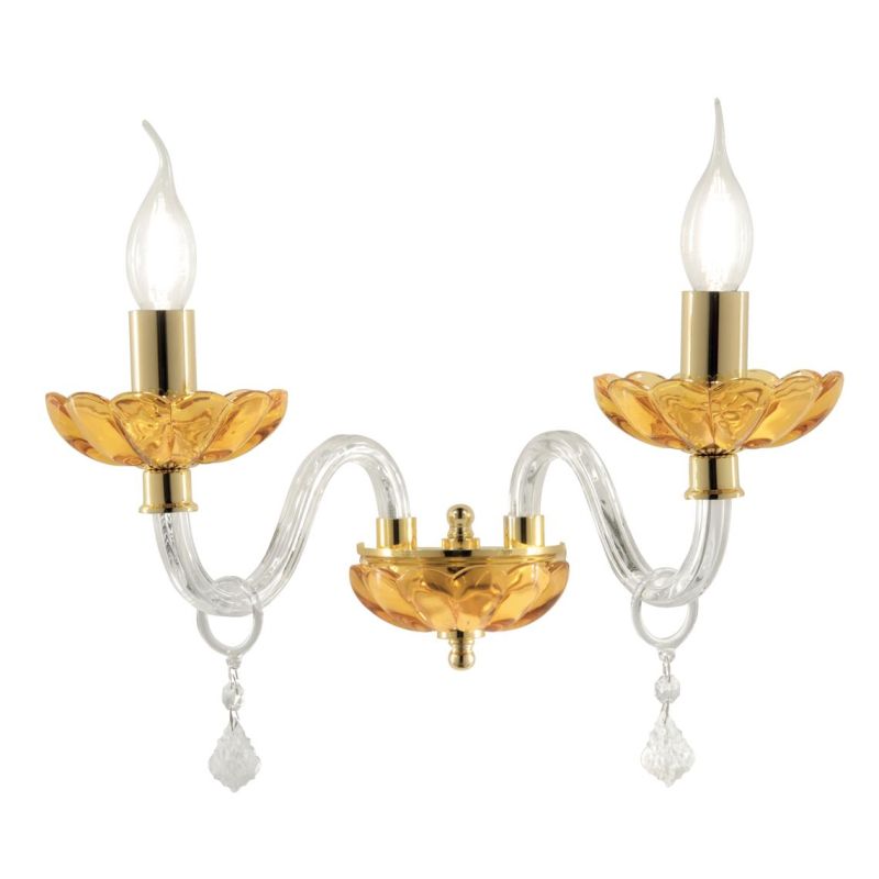 PATRICIA LAMPADA A PARETE CLASSICA CON 2 LUCI IN VETRO E CRISTALLO AMBRA CON FINITURA ORO ONDALUCE CICIRIELLO - Cristalensi Shop