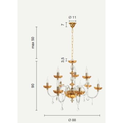 PATRICIA LAMPADARIO A SOSPENSIONE CLASSICO IN VETRO E CRISTALLO A 9 LUCI AMBRA CON FINITURA ORO ONDALUCE CICIRIELLO - Cristalens