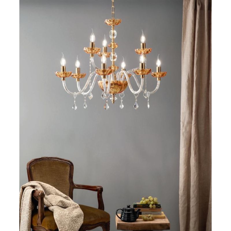 PATRICIA LAMPADARIO A SOSPENSIONE CLASSICO IN VETRO E CRISTALLO A 9 LUCI AMBRA CON FINITURA ORO ONDALUCE CICIRIELLO - Cristalens