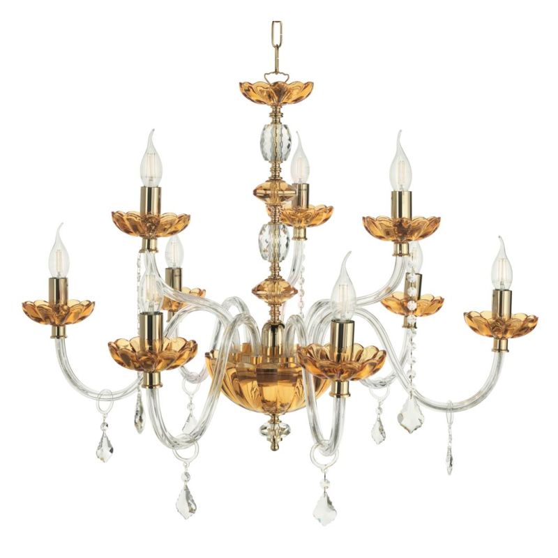 PATRICIA LAMPADARIO A SOSPENSIONE CLASSICO IN VETRO E CRISTALLO A 9 LUCI AMBRA CON FINITURA ORO ONDALUCE CICIRIELLO - Cristalens